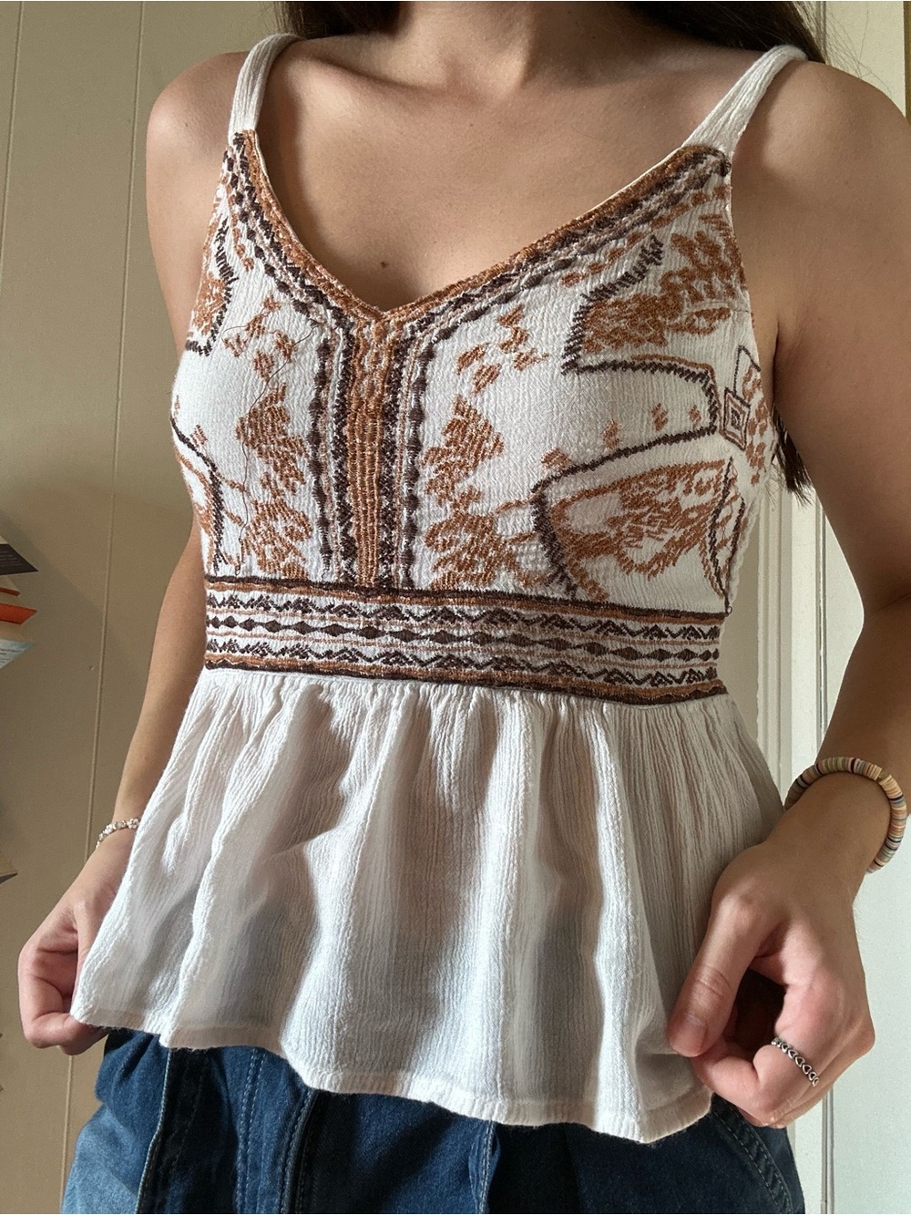 Small Boho Embroidered Peplum Tank Top in Cream and Brown